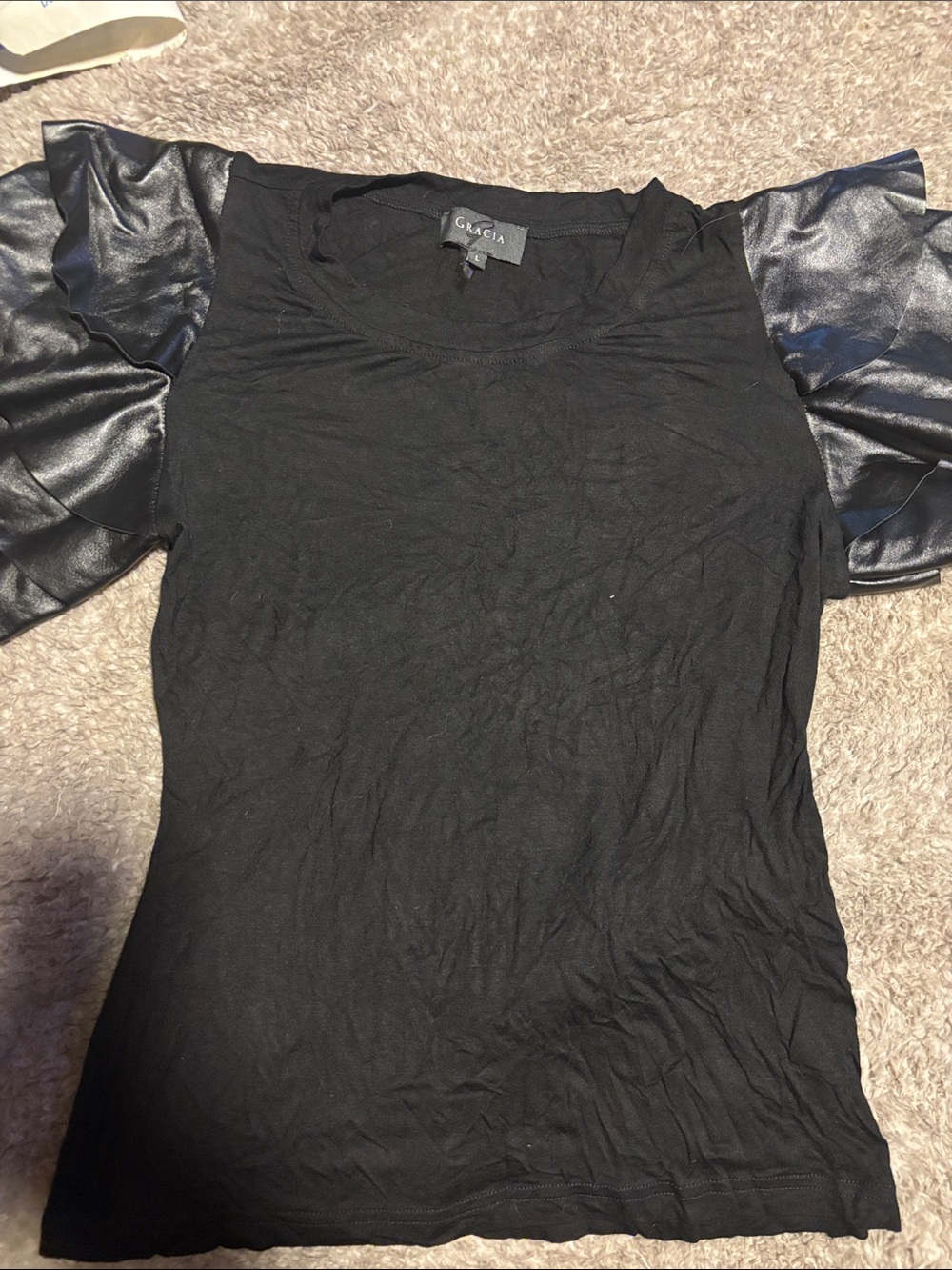 Gracia Black Short Sleeve Top wi- faux leather ruffled sleeves so attractive!